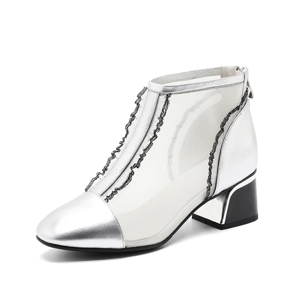 

Women's cool boots cow leather breathable mesh fabric 5CM square high-heeled round toe zipper summer fashion women's shoes