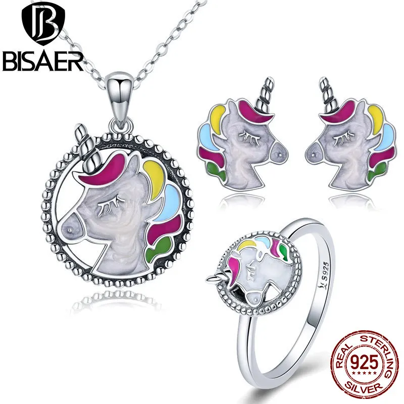 

BISAER Real 925 Sterling Silver Jewelry Sets Licorne Color Enamel Wedding Bridal Jewelry Set Bride Sterling Silver 925 Jewelry