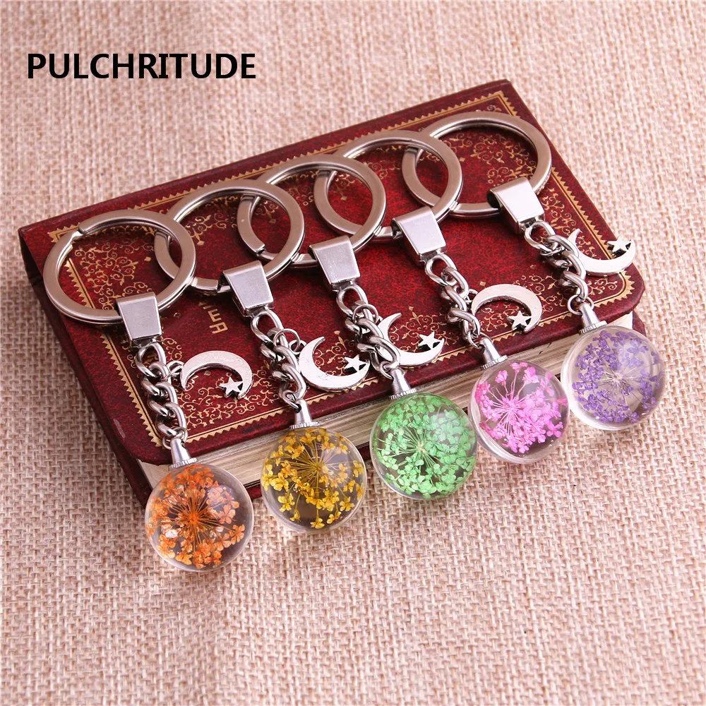 PULCHRITUDE 2 pcs/lot Metal KeyChain Crystal Glass Ball Dried Flower