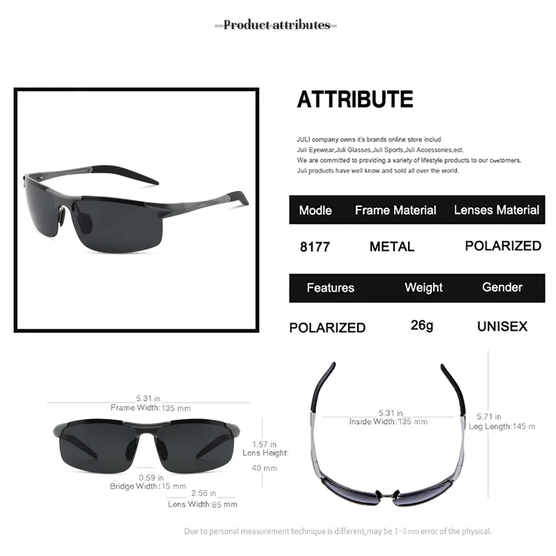 Мужские поляризационные солнцезащитные очки JULI в спортивном стиле, мужские очки для путешествий, вождения, гольфа, небьющиеся очки с алюминиевой оправой из магния
