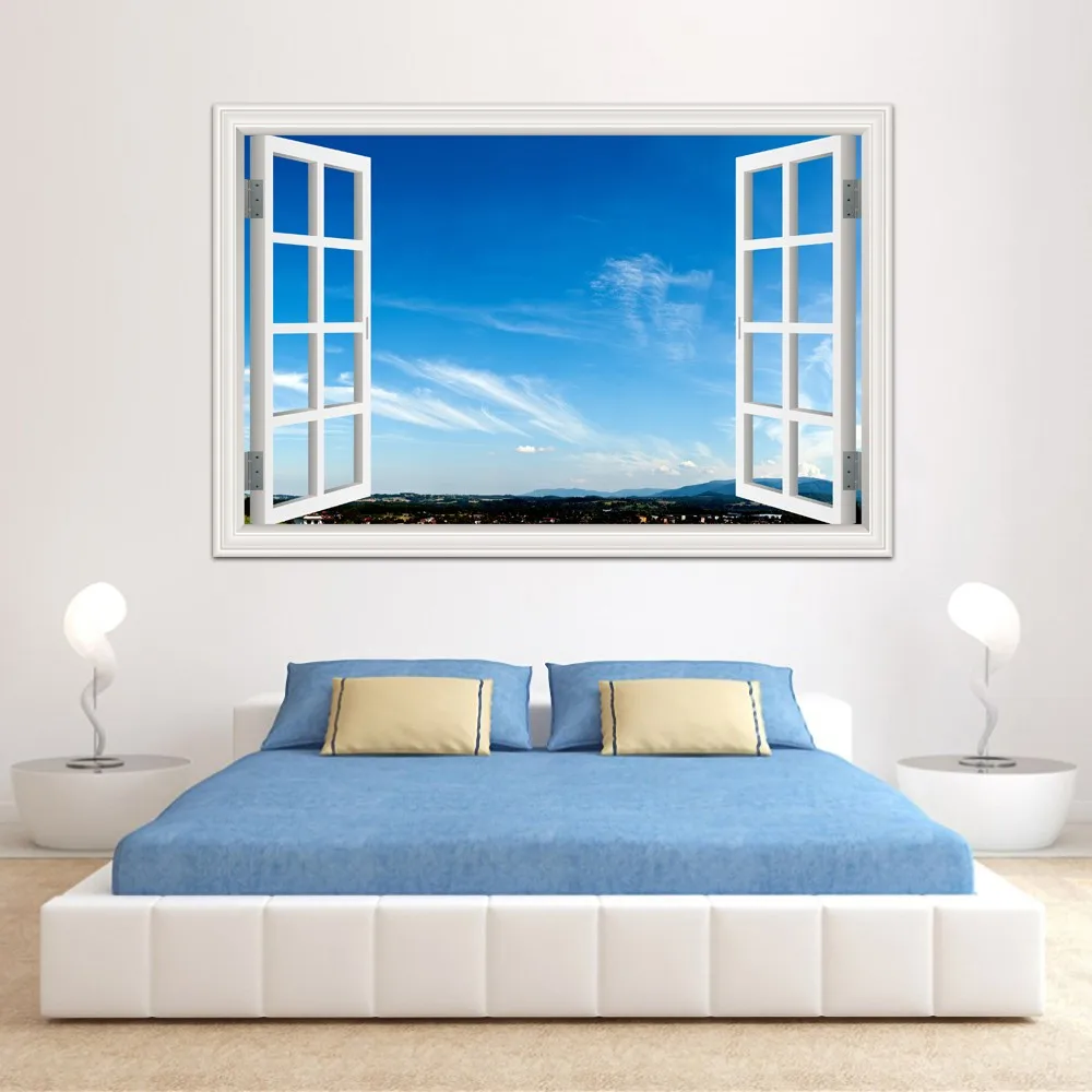 3d Window Scenery Cloud Wall Art Stickers Blue Sky Wallpaper For Living