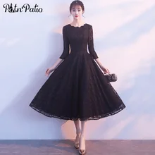 Элегантное Черное Кружевное длинное вечернее платье с длинным рукавом, винтажное ТРАПЕЦИЕВИДНОЕ ПЛАТЬЕ средней длины для торжественных случаев