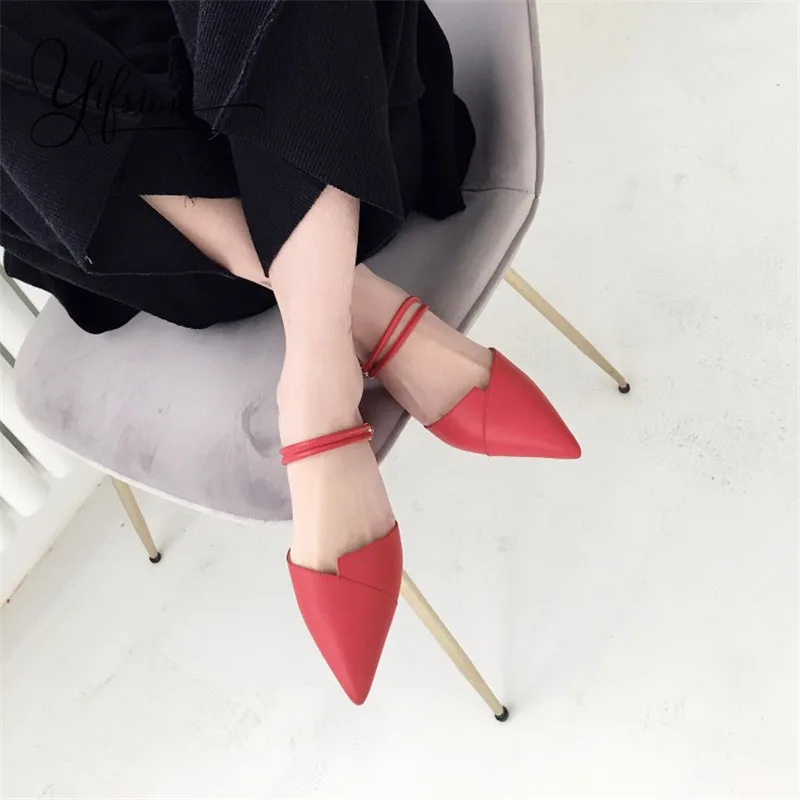

YIFSION New Black Red Genuine Leather Women Summer Gladiator Sandals Pointed Toe Slip On Women Sandals Casual Mules Shoes Woman