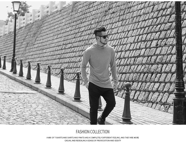 Men Autumn New European Style High Collar Long Sleeve Hooded T-shirt with Cap Men Slim Casual Cotton Irregular T-shirt T908 HTB1x1z4XE rK1Rjy0Fcq6zEvVXai - Men Autumn New European Style High Collar Long Sleeve Hooded T-shirt with Cap Men Slim Casual Cotton Irregular T-shirt T908