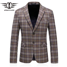 Plyesxale приталенный клетчатый блейзер мужской пиджак весна осень повседневные блейзеры для мужчин серый темно-синий элегантный Мужской Блейзер Q729