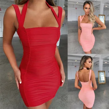 

Sexy Women Holiday Sleeveless Off Shoulder Halter Dress Backless Strappy Package Hip Slim Dress Fold Clubwaer Party Pencil Dress