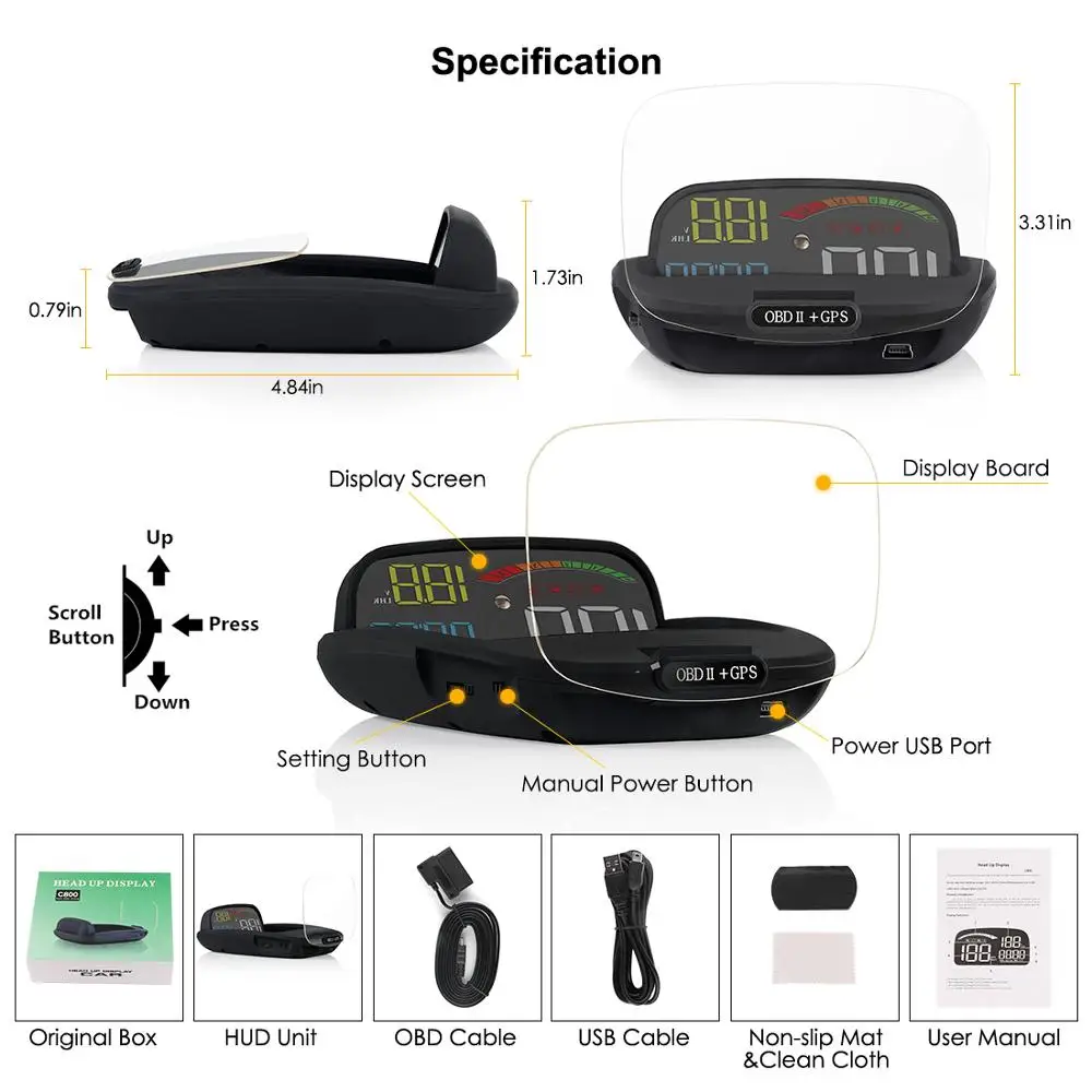 ο ڵ HUD   ÷ OBD 2 II 2 In 1 HD C800 º ǻ ӵ  GPS ӵ ˶  ǿ