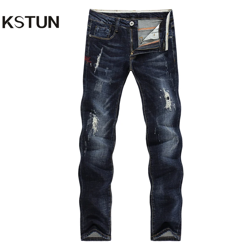 Джинсы kstun мужские весенние и осенние рваные потертые прямые тонкие окрашенные принтованные байкерские джинсы стретч темно-синие мужские брюки 38