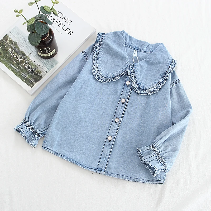 Блузка для девочек возрастом от 2 до 7 лет, Корейская хлопковая джинсовая рубашка для девочек с большим отворотом женская футболка на весну и осень
