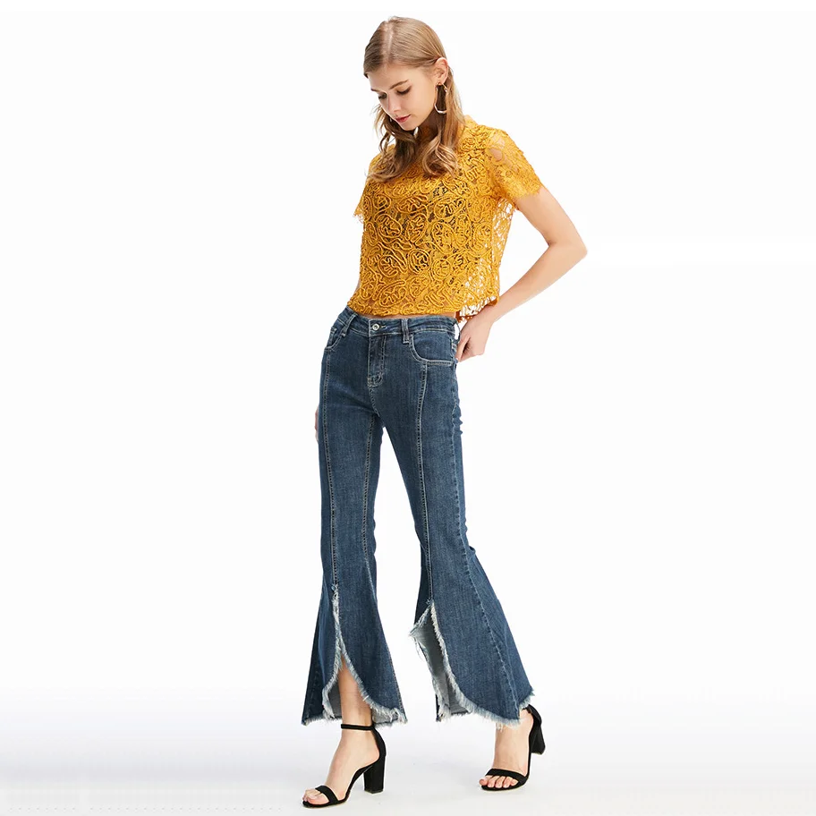 De Vaquero Vaqueros Para Pantalones Steelsir Pant Azul Pieles Animales recortado Mujeres Primavera Denim Cintura Alta Caliente Pierna Nueva Venta Bifurcada 2018 Más Amplia Rw4qxRzaWP