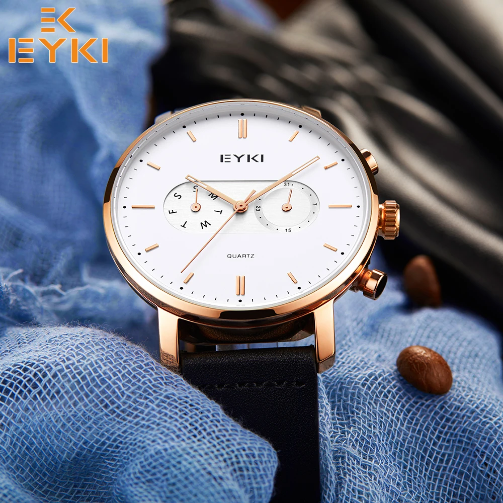 EYKI Топ бренд кварцевые мужские часы Мода Дата Неделя дисплей наручные часы кожаный ремешок водонепроницаемый мужской часы E1115L новое поступление