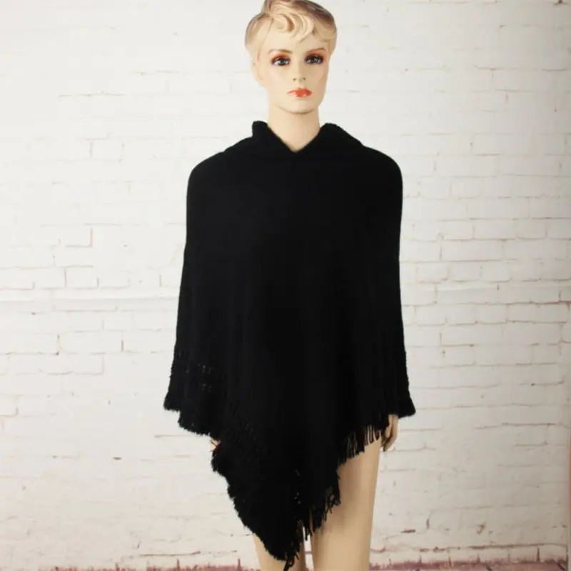 Модное женское Трикотажное пончо с кисточками, неравномерное пальто с капюшоном, верхняя одежда - Цвет: Черный
