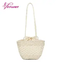 Versear Womens Handmade Straw Bag Bohemia Woven Rattan Bags Summer Vacation Beach Bag Vintage Drawstring Lining Straps Bags 2019