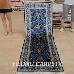 Yilong 2,5 'x7. 5' восточные Шелковые Ковровой Дорожкой темно-синие Изысканные Ручной работы Восточный ковер runner (0373)