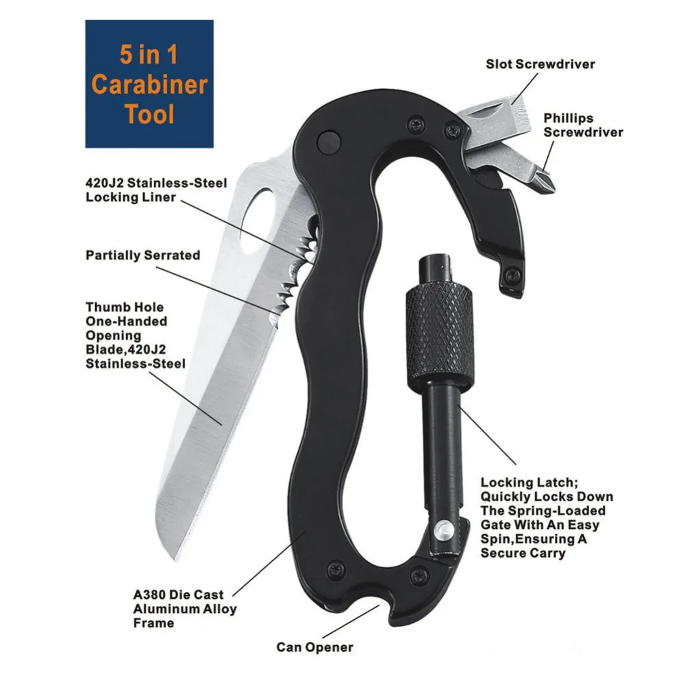 

10PCS self defense Outdoor Multi-function Tools 5 in 1 Aluminum Climbing Carabiner Security Hook Gear Multi Tool Buckle Rock