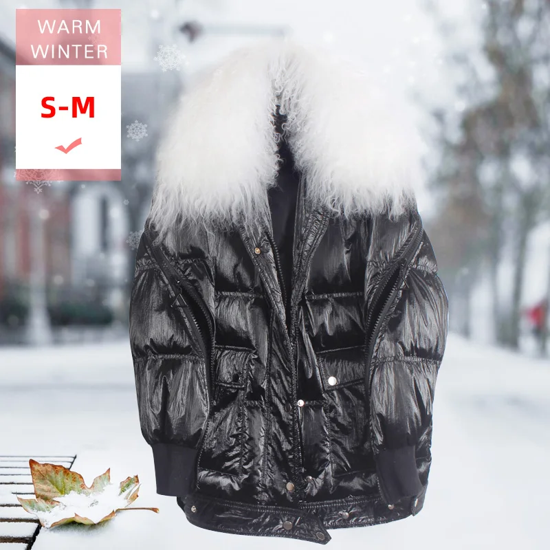 

New Fashion Women Real Tibet Sheep Fur Collar Detachable Female White Duck Down Coat Loose Thick Feather Outwear Windproof Parka