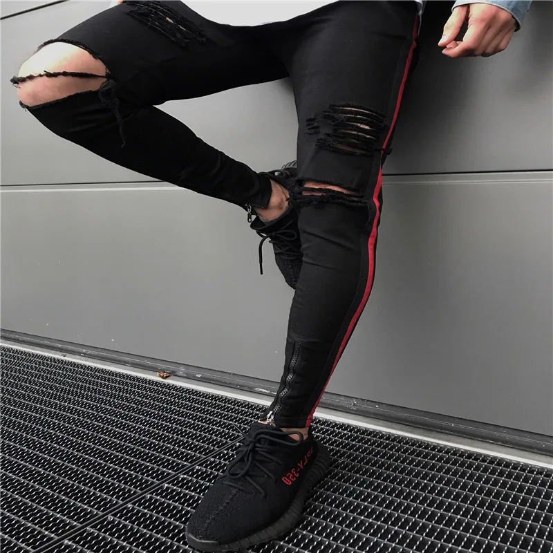 

2019 Cool Slim Fit Ripped Hole Jeans for Men Distressed High Street Washed Destroyed Zipper Denim Pencil Jeans Plus Size