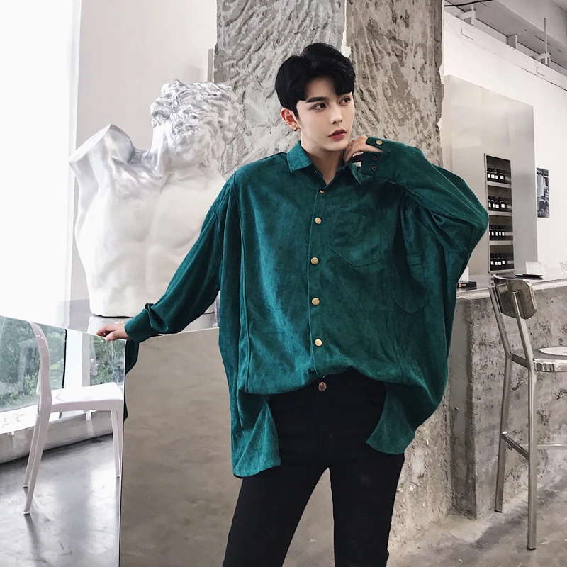 

Fashion Casual Men's Long-sleeved Shirt Spring And Autumn New M-2XL Solid Color Loose Shirt Black Green PersonalityYouth Popular