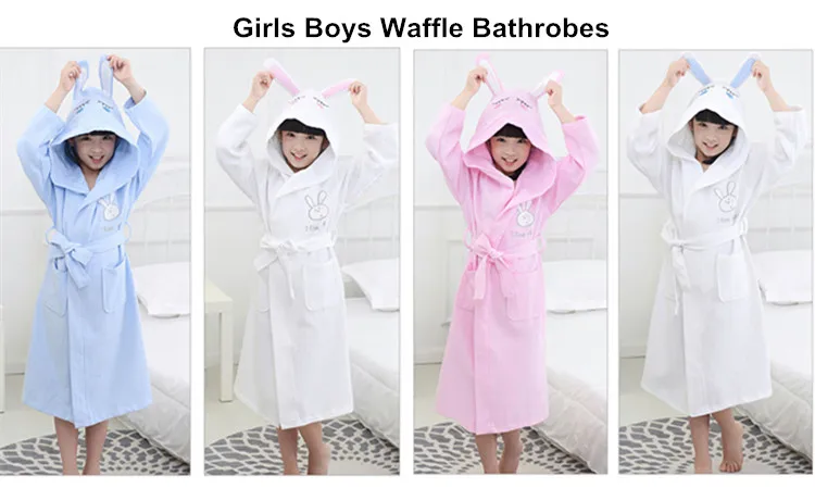 Boys Girls Bathrobe Waffle Robes Children's Bathrobes Kids Hooded White Blue Pink Sleepwear  Robes Lovely Rabbit Pajamas Gowns 01