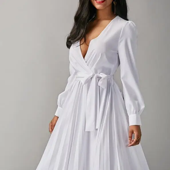 

High Grade Female Rock Long Vestido Blanco Elegant Long Sleeve White Elastic Waist Shirt Skirt Vintage AF642