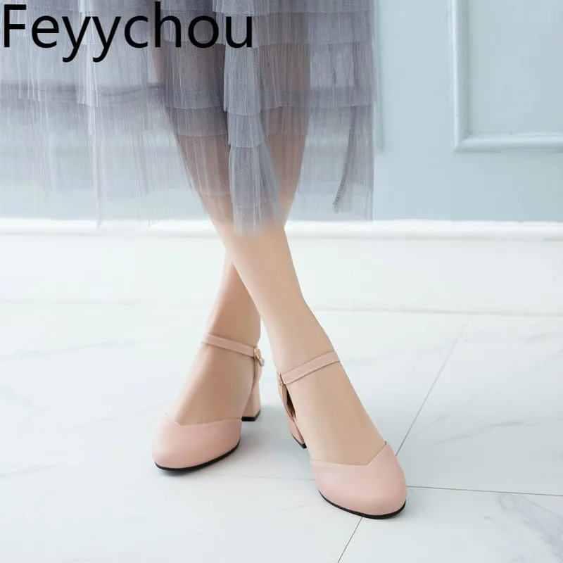 

Women's Pumps Med Heels Round Toe Thick Heel Buckle 2019 Sexy New Fashion Spring Autumn Party Wedding Beige Big Size 34-43