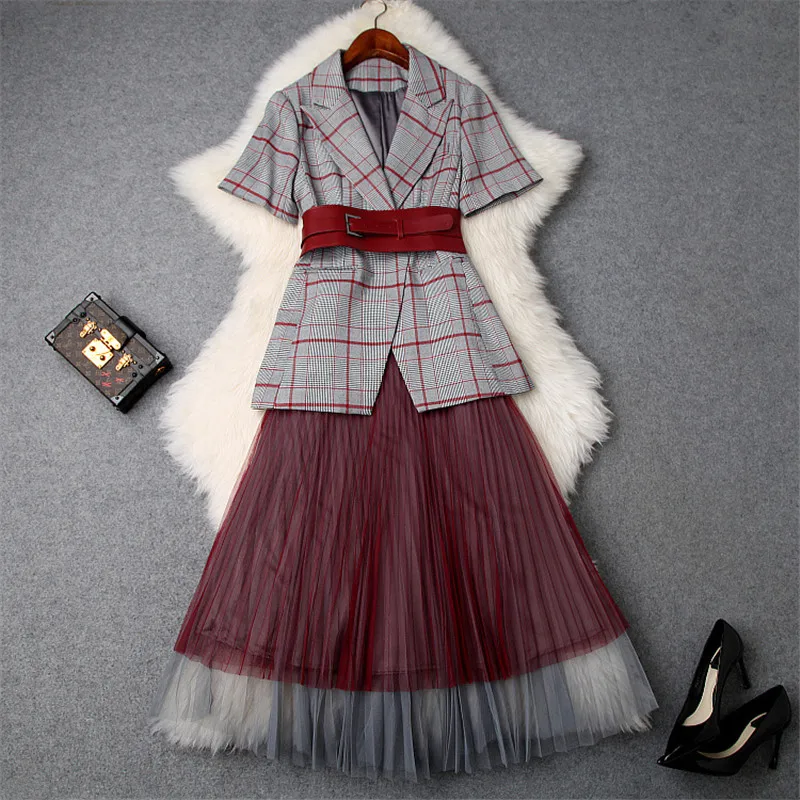 

Top Fashion Designer Runway 2Piece Skirt Set Women 2019 Spring Summer Notched Collar Plaid Blazer+Tulle Skirt Suit Set OL Outfit