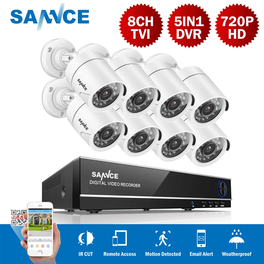 

SANNCE 8CH 720P 5in1 Home CCTV System 8PCS 1MP IR Outdoor Weatherproof Security Camera 1280TVL Home Surveillance System DVR Kit