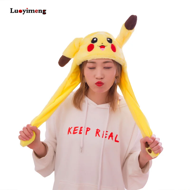 

2019 Winter Kids Party Pikachu Airbag Funny Hats Women Moving Jumping Ear Hats Plush Rabbit Caps Girls Kawaii Move Ear Stich Cap