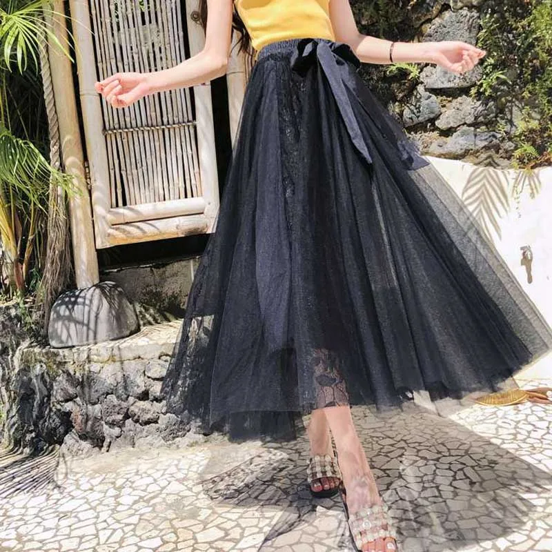 Новые летние сетчатые Лоскутные элегантные полые модные юбки с бантом Талия длинное кружевное платье Высокие плиссированные Бальные