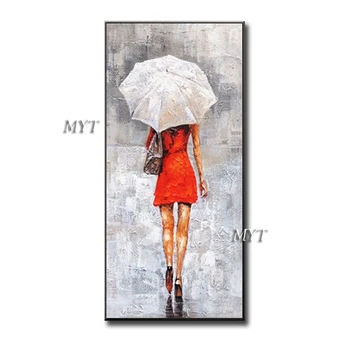 

Hand-painted Oil Painting on Canvas abstract figure beauty girl Red skirt with umbrella for living room bedroom home decor