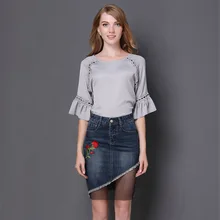 Новые осенние Для женщин цветочный вышитые джинсы юбка из сетчатой ткани тонкий сексуальный ассиметричный Юбки-карандаши Для женщин s плюс Размеры джинсовая юбка обтягивающие леггинсы