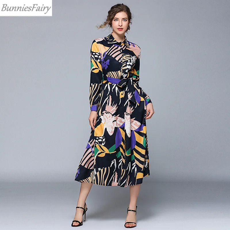 BunniesFairy 2019 весеннее женское платье рубашка средней длины с тропическими
