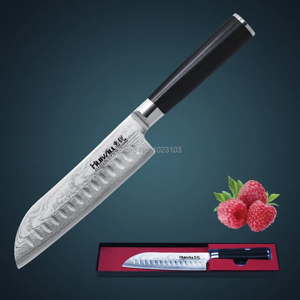 Huiwill brand 7 Japanese VG10 Damascus carbon stainless steel kitchen santoku chef knife with forged G10