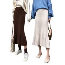 Осень зима Женская винтажная гофрированная нижняя тонкая юбка Женская эластичная высокая талия трикотажная высокая эластичная Теплая юбка 27