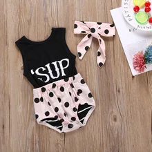 Детский комбинезон без рукавов с круглым вырезом и буквенным принтом для маленьких девочек+ повязка на голову, Летний милый комплект для малышей, костюмы для младенцев