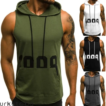 

New Mens Muscle Hoodie Top Bodybuilding Jogger Workout Sleeveless Vest Hooded Sweatshirt