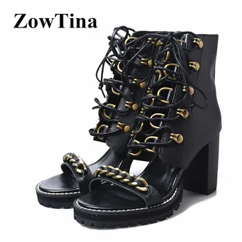 

Black Real leather Women Gladiator Sandals Metal Chains Strappy Sandalias Mujer 8cm Square High Heels Chaussures Femme Stilettos