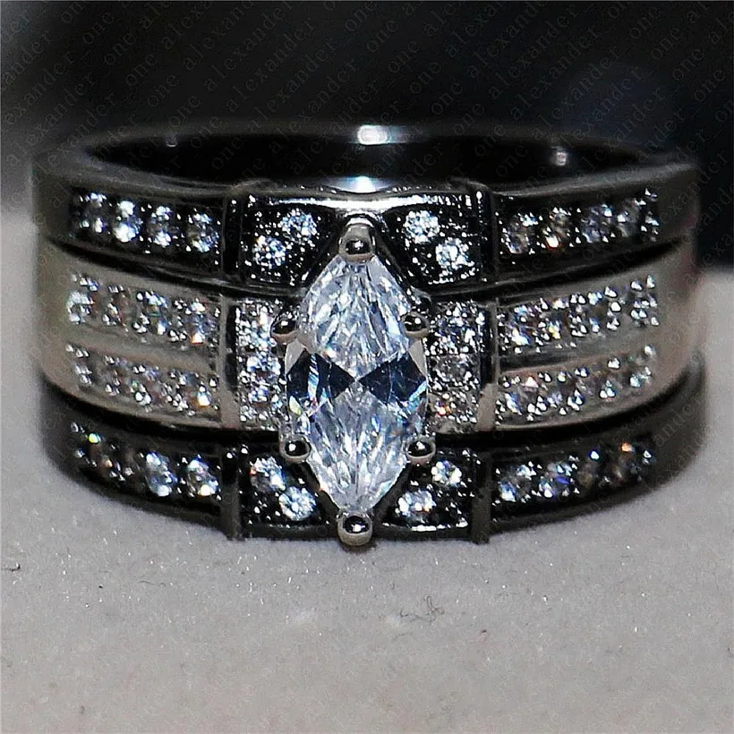 925 Silver Black gold Gemstone Rings Finger Lady Marquise Cut white Diamond cz Cocktail Rings Wedding Bride jewelry for Women