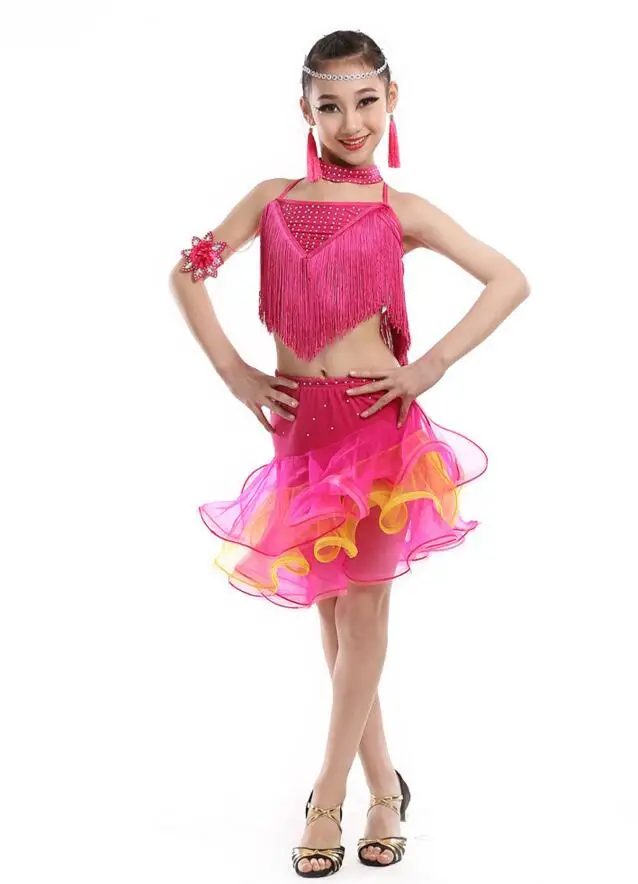 Детские костюмы для латинских выступлений, костюмы для латинских танцев, джаза, современных танцев, детские костюмы для танцев с блестками - Цвет: Розовый