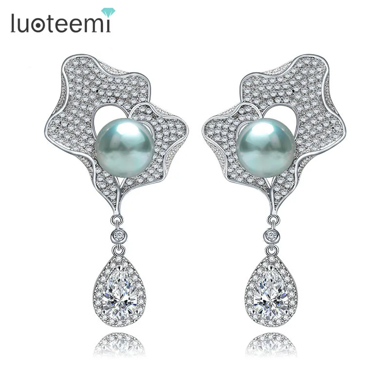 LUOTEEMI Charm CZ Micro Paved Flower With Gray Imitation Pearl Drop Bridal Wedding Dangle font b
