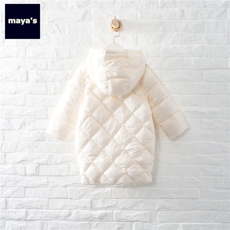 Mayas/белые зимние теплые длинные детские парки новые модные куртки с длинными