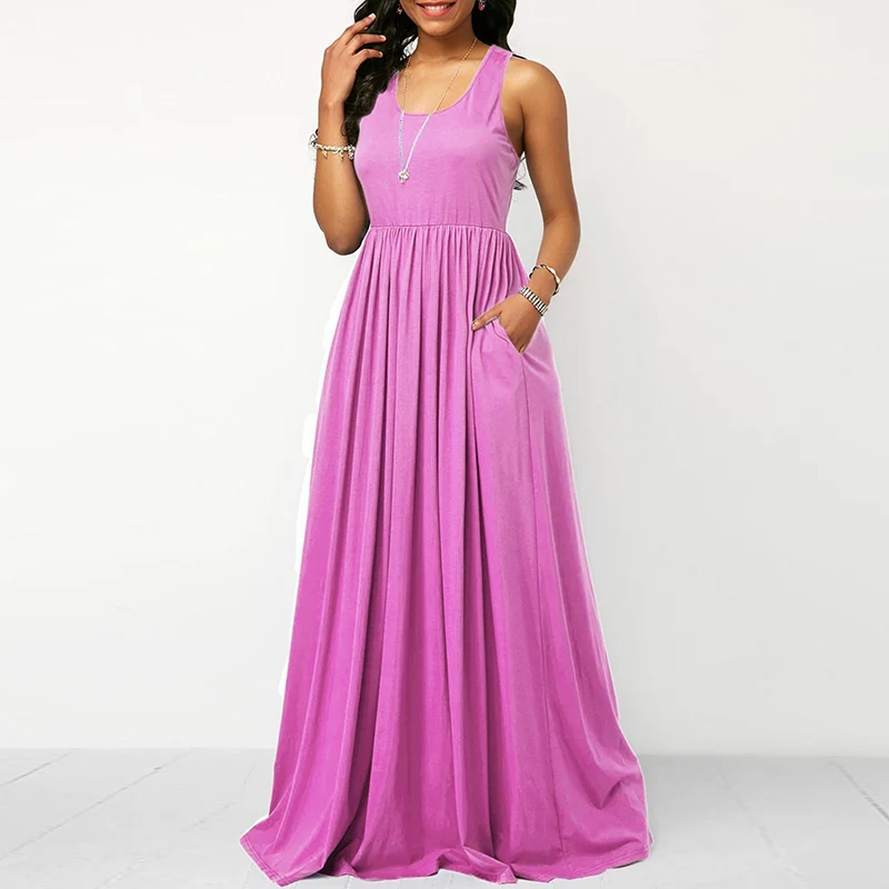 Popular New Womens Sleeveless Solid Crew Neck Pockets Maxi Vest Dress Ladies Summer Casual Holiday Beach Sundress Four Color