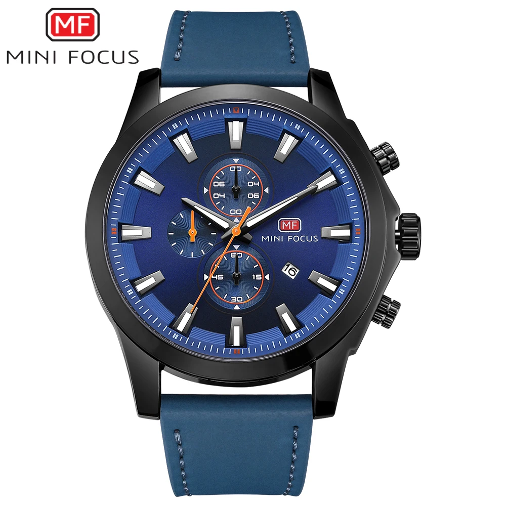 

MINI FOCUS Fashion Genuine Leather Men Sport Watch 3ATM Water-resistant Quartz Luminous Wristwatch Man Chronograph