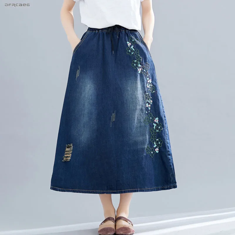 

Loose Vintage Jeans Maxi Skirts Woman 2019 Summer High Waist Froal Embroidery A-Line Denim Skirt Female Retro Saias Longas Jean