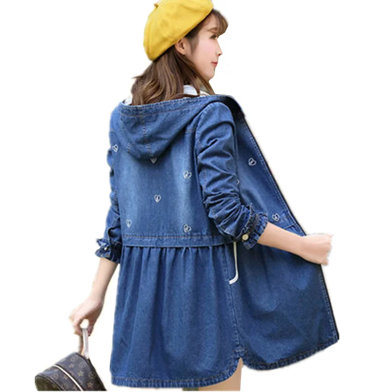 

Women Vintage Denim Trench Coat 2019 New Autumn Winter Casual Waist Jean Hooded Medium Long Windbreaker Thicken Overcoat C67