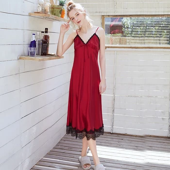 

New Burgundy Womens Silky Robe Strap Nightdress Sleepwear Casual Summer Long Home Wear Nightwear Bath Gown M-XL