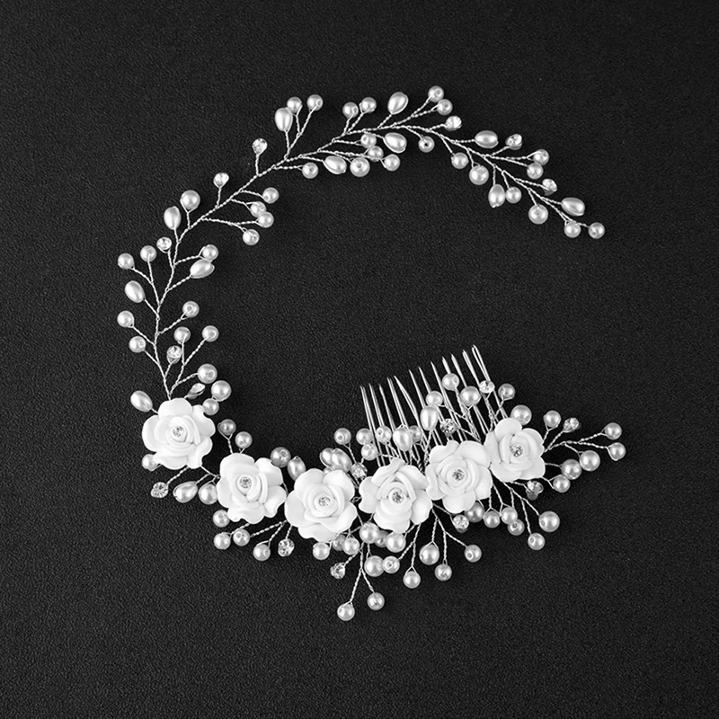 

Hand Made Women Hair Accessories Faux Pearl White Flowers Wedding Girl Tiara Floral Headdress Headband Hair Comb wy0035