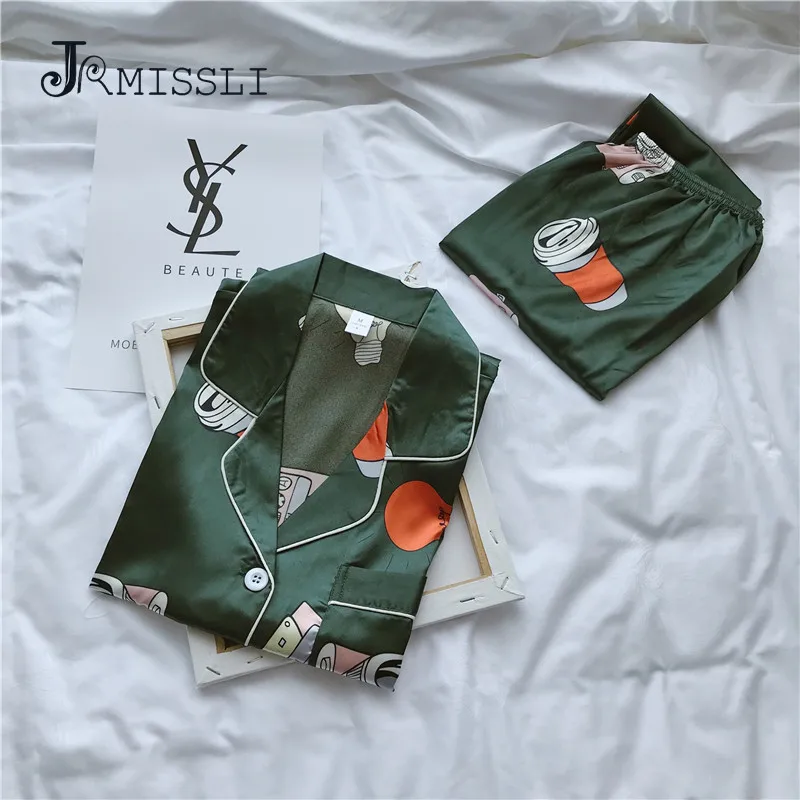 

JRMISSLI 2018 New Fashion Silk Women Pajamas Turn-down Collar Sleepwear Print Casual Pajama Set Home Clothing