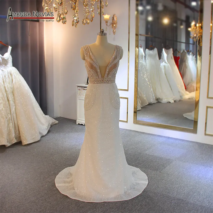 Роскошное привлекательное пляжное свадебное платье тонкая блестящая фотография