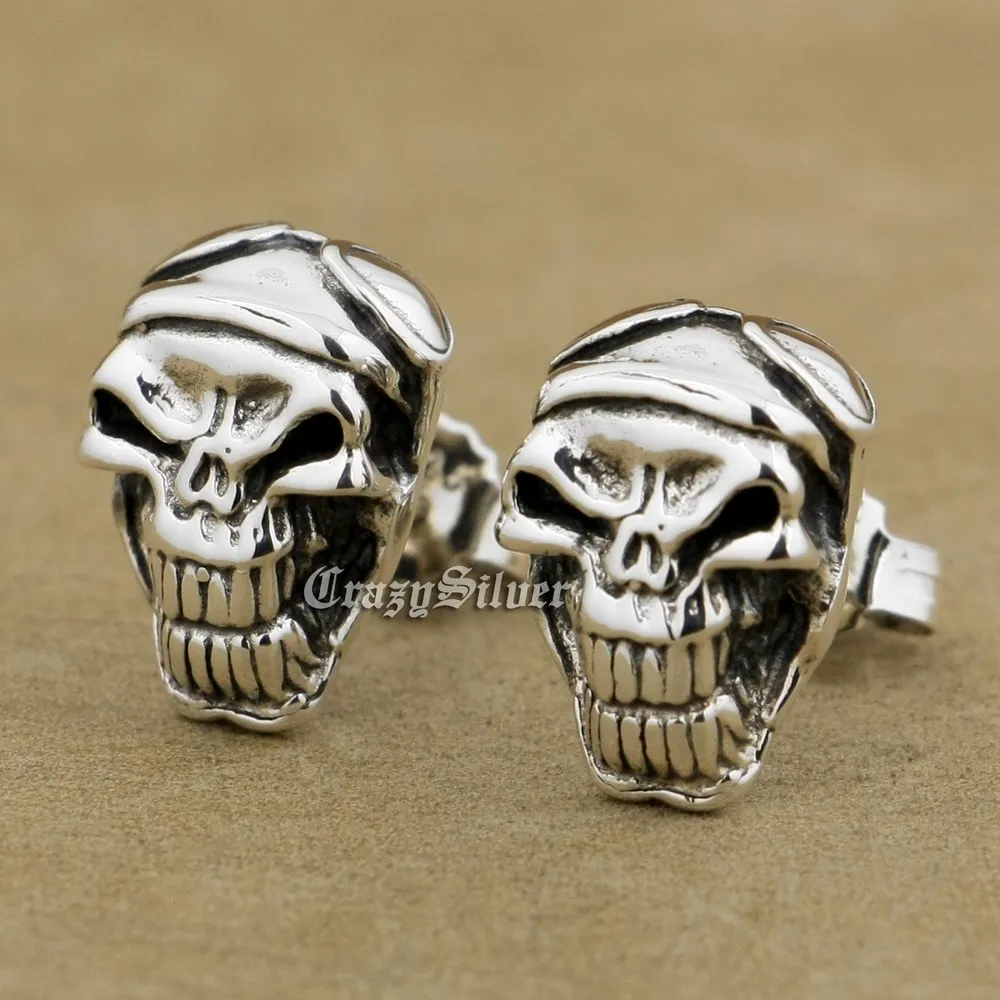 925 Sterling Silver Skull Mens Biker Rocker Punk Stud Earring 8R024 (2 Pieces)in Stud Earrings